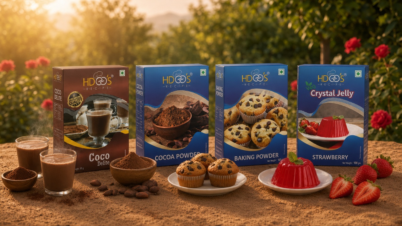 Hdees bakery essentials — Coco Delite, Cocoa Powder, Baking Powder and Strawberry Crystal Jelly