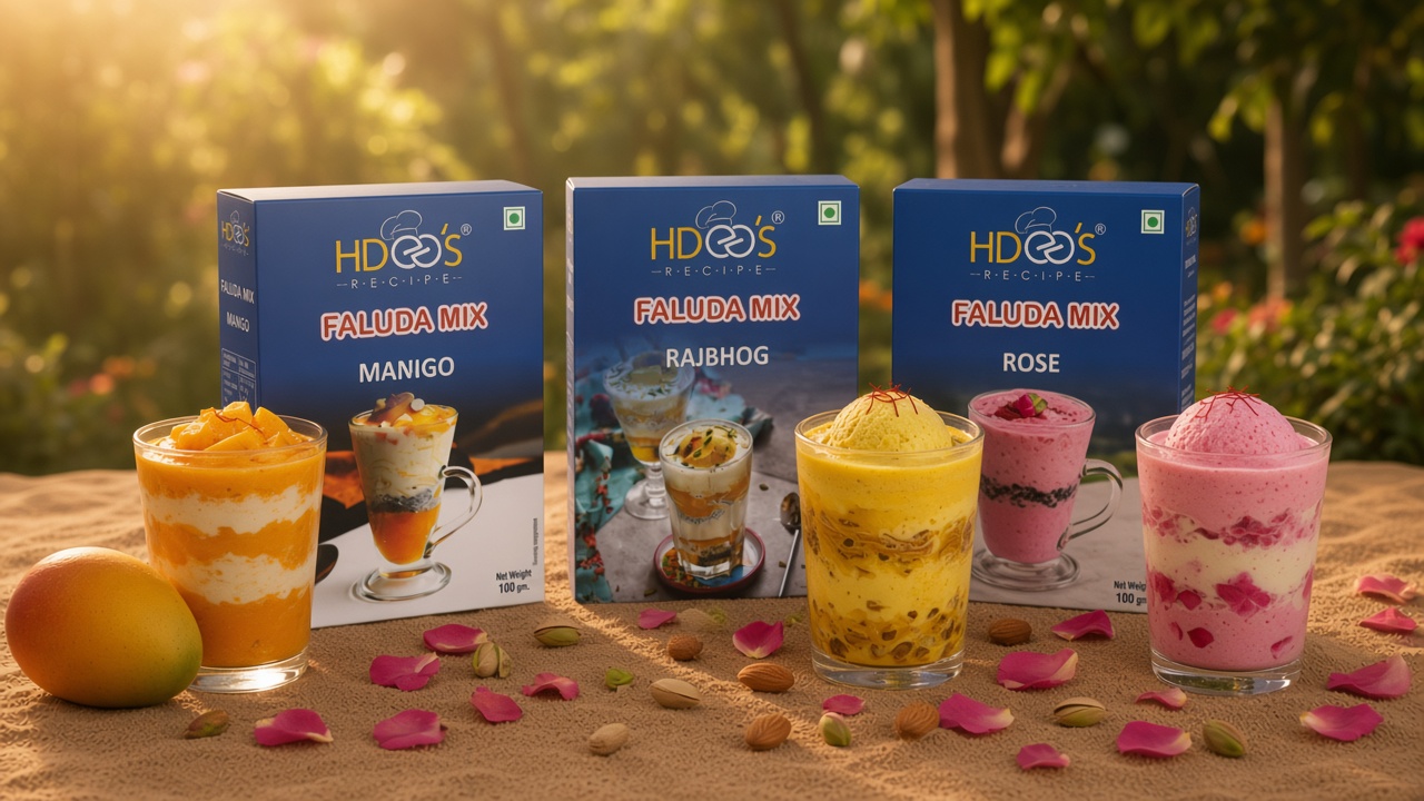 Hdees faluda mix packs — Mango and Rajbhog with faluda glasses