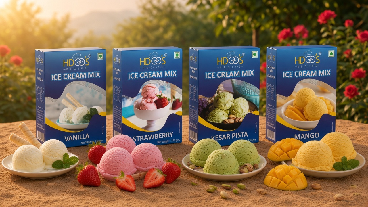 Hdees ice cream mix packs — Vanilla, Strawberry, Kesar Pista and Mango